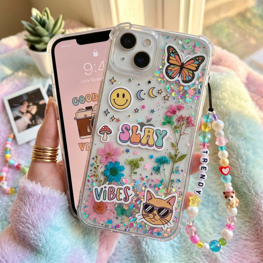 Pastel aesthetic iPhone cover with floral glitter design and kawaii sticker artwork