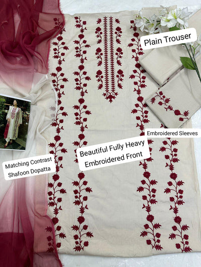 Embroidered fabric with maroon floral patterns on a white background, labeled with garment parts.