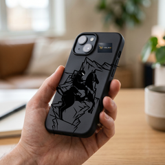 Premium black iPhone cover featuring mountain climber illustration and minimalist adventure design